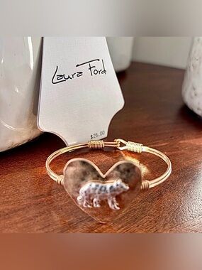 Laura Ford Heart Shape goldtone charm,Bear in silvertone,wire design,clasp close